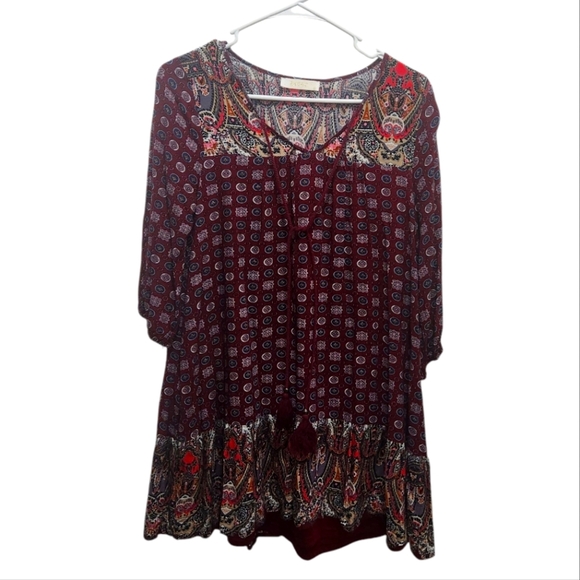 Entro By Anthropologie Boho Tiered Ruffle Mini Dress Size S Red Wine Mix Pattern - Picture 1 of 6